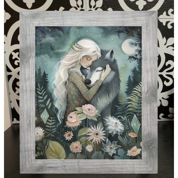 Set 4 Framed Spirit Animal Raven Crow Fox Owl Wolf Hug Crystals Prints - Picture 2 of 5